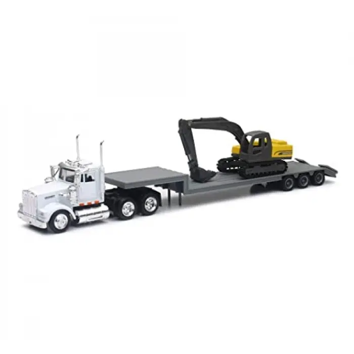 1:43 Ölçekli Kenworth W900 Lowboy Römork ve İnşaat Ekskavatörlü Model