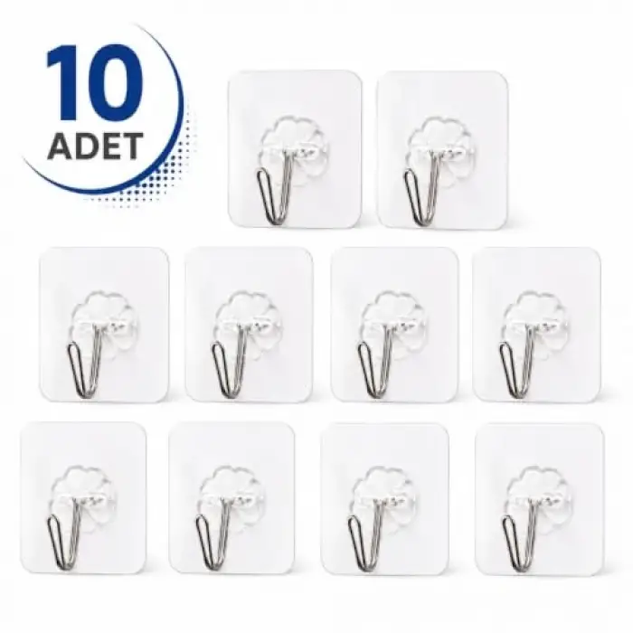 10 Adet - Kendinden Yapışkanlı Şeffaf Askı