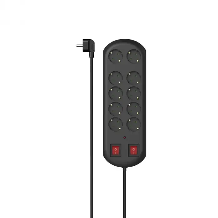 10lu Akım Korumalı Priz, 2 Switch, 2m, Siyah