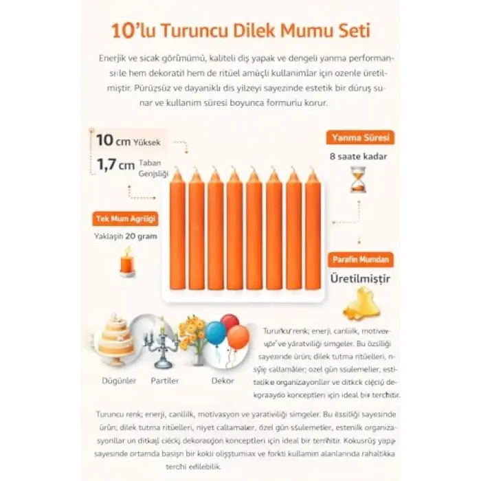 10lu Turuncu Dilek Mumu Seti, Silindir Blok Tasarımlı