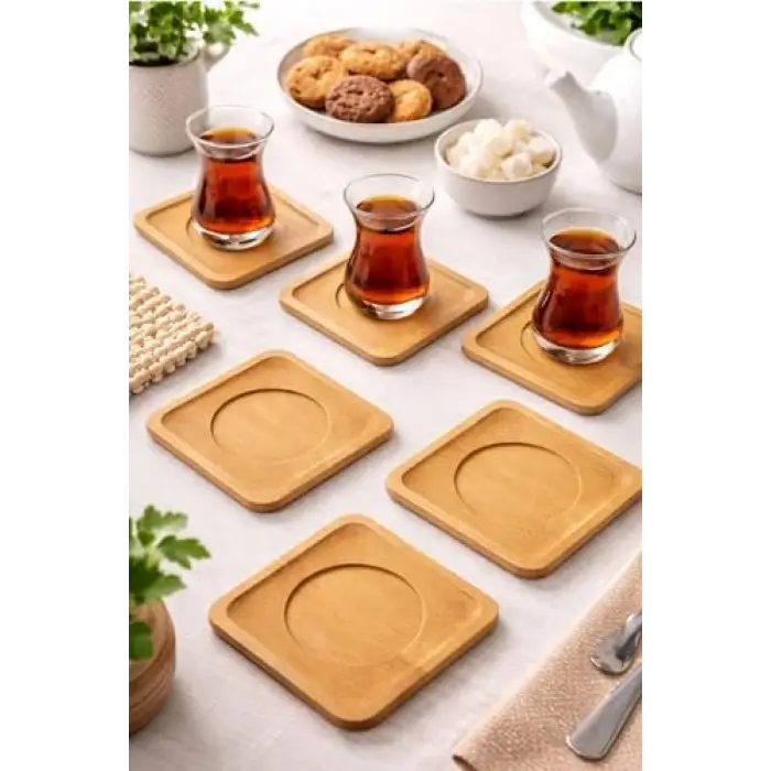 10 x 10 cm Bambu Çay Tabağı Altlığı, Kare, 6 Parça, Bej