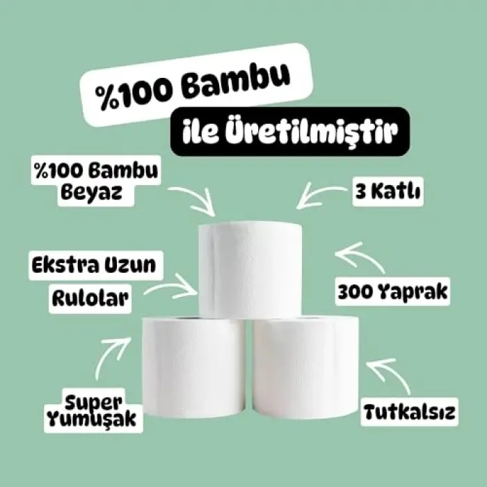 %100 Bambu Extra Uzun Rulo 16 Tuvalet Kağıdı, Doğal Beyaz