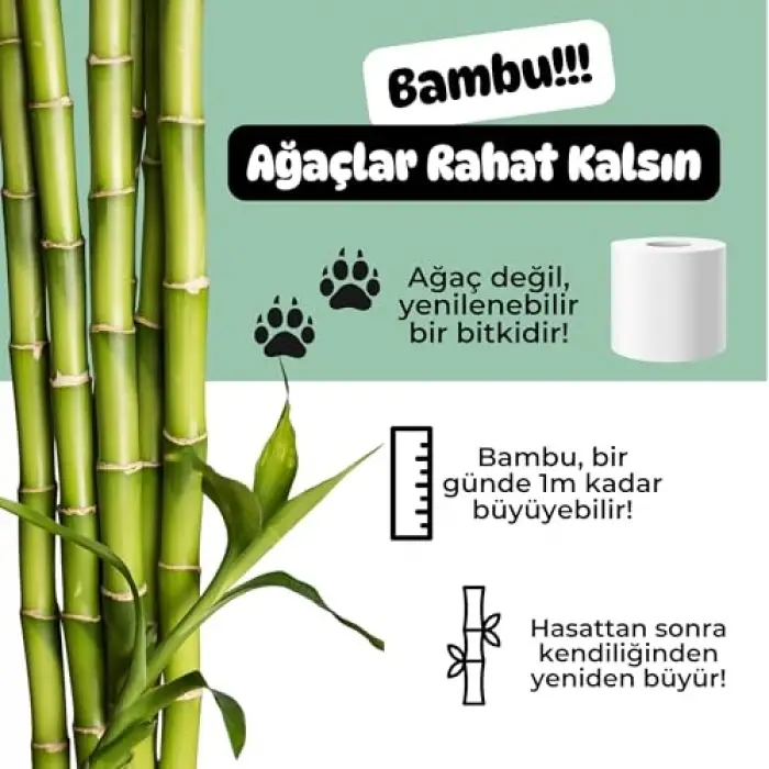 %100 Bambu Extra Uzun Rulo, 16 Tuvalet Kağıdı, Doğal Beyaz