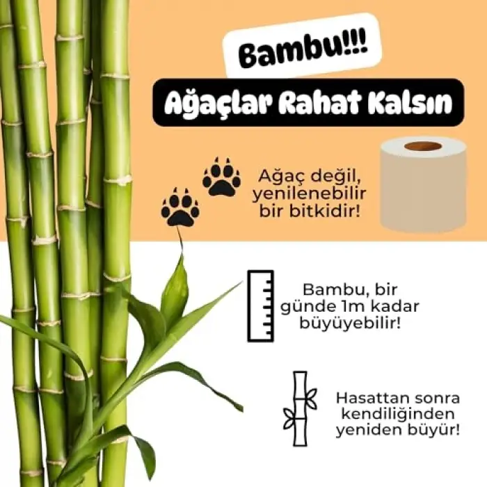 %100 Bambu Tuvalet Kağıdı, Extra Uzun Rulo, 16 Rulo, Doğal Bej