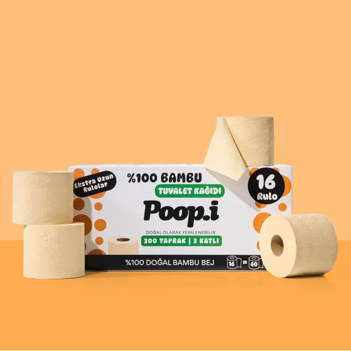 %100 Bambu Tuvalet Kağıdı, Extra Uzun Rulo, 16 Rulo, Doğal Bej