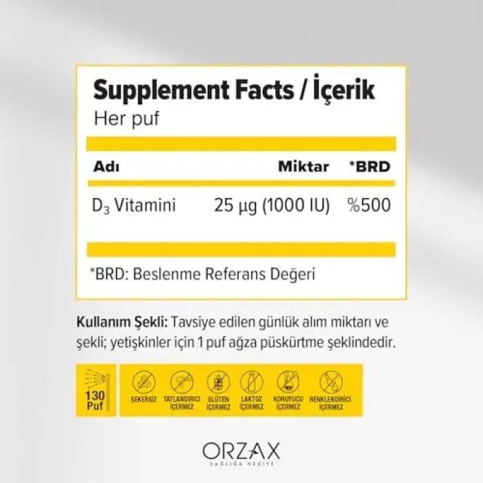 1000 IU D3 vitamini sprey, 20 ml, 130 puf