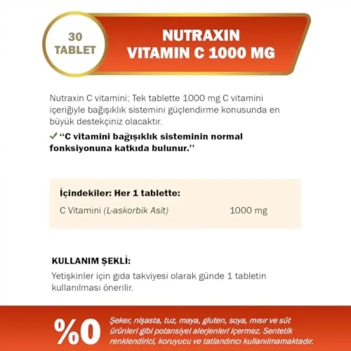 1000 mcg C Vitamini Takviyesi, 30 Tablet