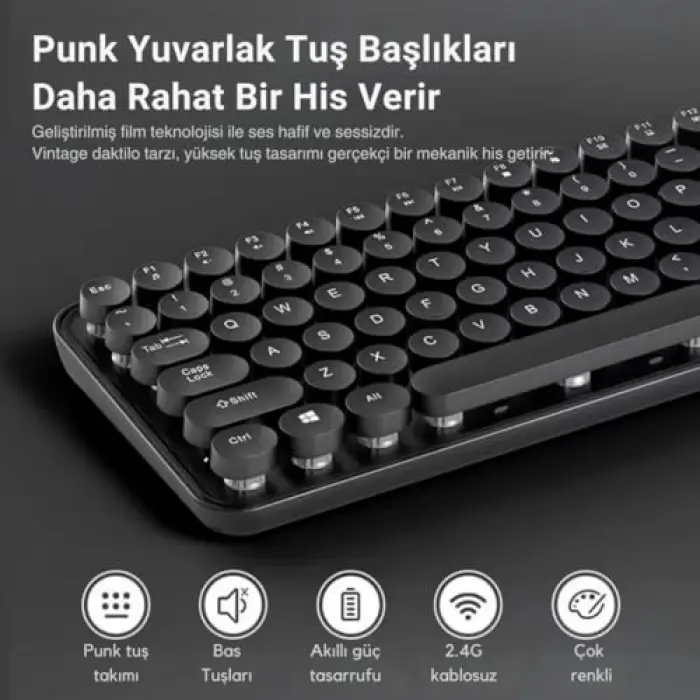 105 Retro Tuşlu 2.4Gh Kablosuz Bluetooth Klavye Mouse Seti Retro Kablosuz Klavye Mouse Set Kırmızı