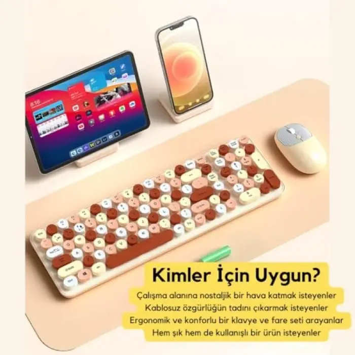 105 Retro Tuşlu 2.4Gh Kablosuz Bluetooth Klavye Mouse Seti Retro Kablosuz Klavye Mouse Set Kırmızı
