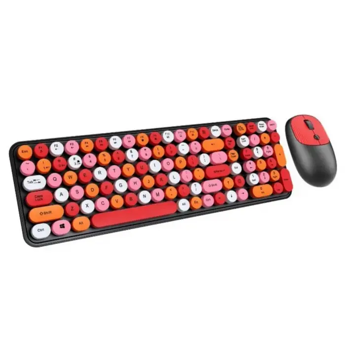 105 Retro Tuşlu 2.4Gh Kablosuz Bluetooth Klavye Mouse Seti Retro Kablosuz Klavye Mouse Set Kırmızı