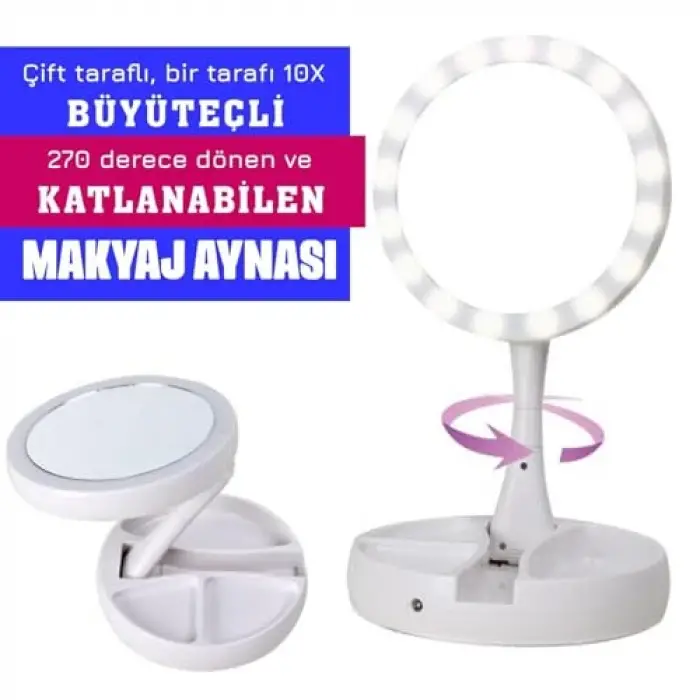 10X Büyüteçli USB LED Işıklı Çift Yönlü Katlanabilir Makyaj Aynası