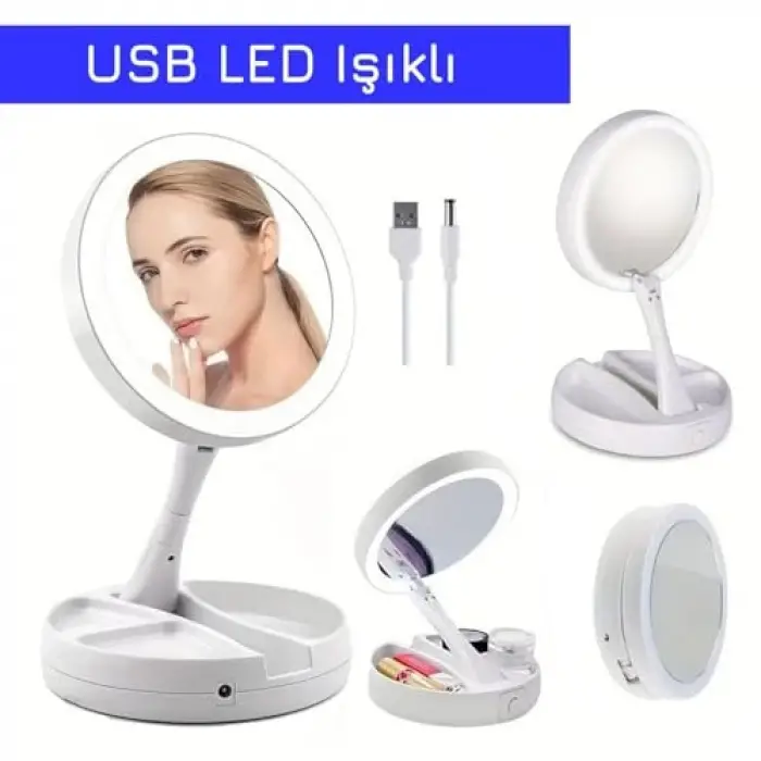 10X Büyüteçli USB LED Işıklı Çift Yönlü Katlanabilir Makyaj Aynası