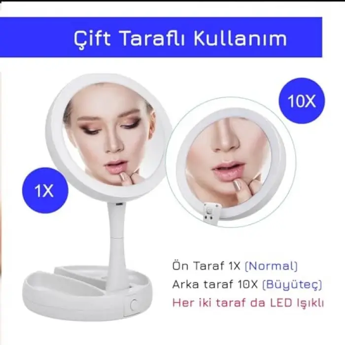10X Büyüteçli USB LED Işıklı Çift Yönlü Katlanabilir Makyaj Aynası