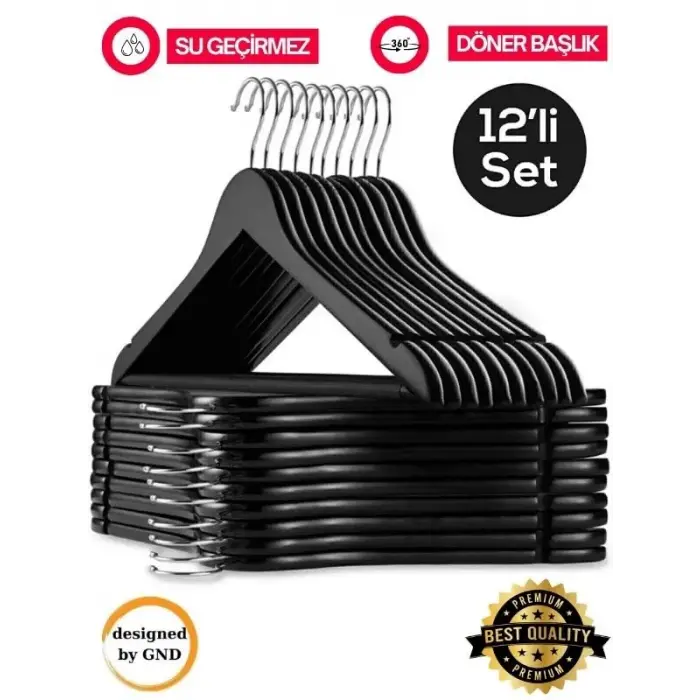 12 Adet Ahşap Görünümlü Plastik A Kalite Siyah Elbise Askısı