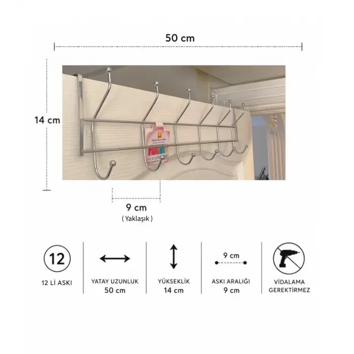 12li Krom Kapı Arkası Askılık - 50 cm Genişlik, Vidasız Matkapsız Kapı Üstü Askı, Çok Amaçlı Elbise, Mont, Çanta Düzenleyici, Krom Kaplama Banyo, Mutfak, Oda Askılığı