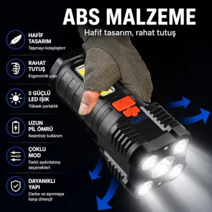 14 cm USB Şarjlı El Feneri, 5 LED + Cob, 4 Modlu