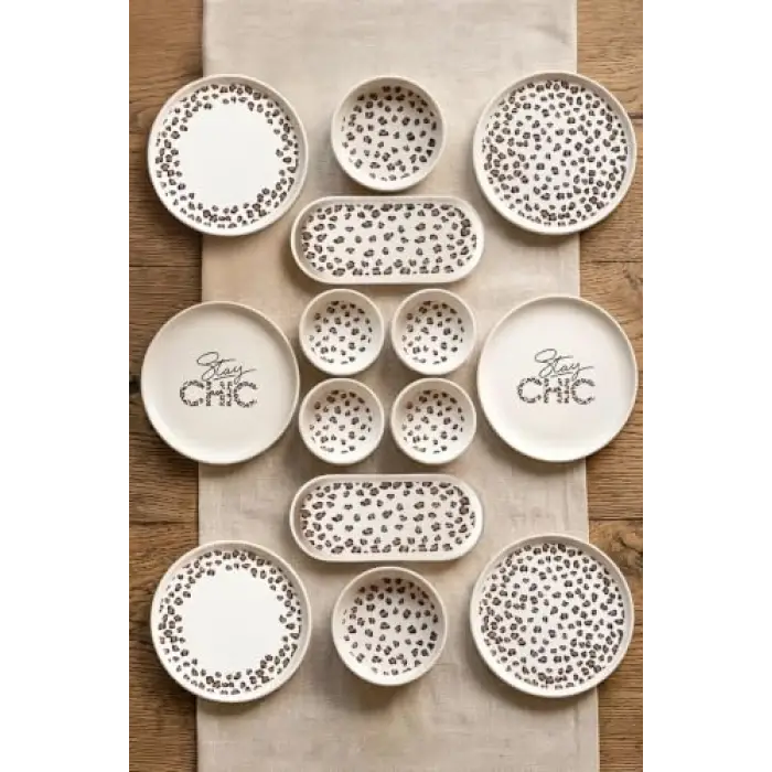 14 Parça 6 Kişilik Stackable Leopar Kahvaltı Seti