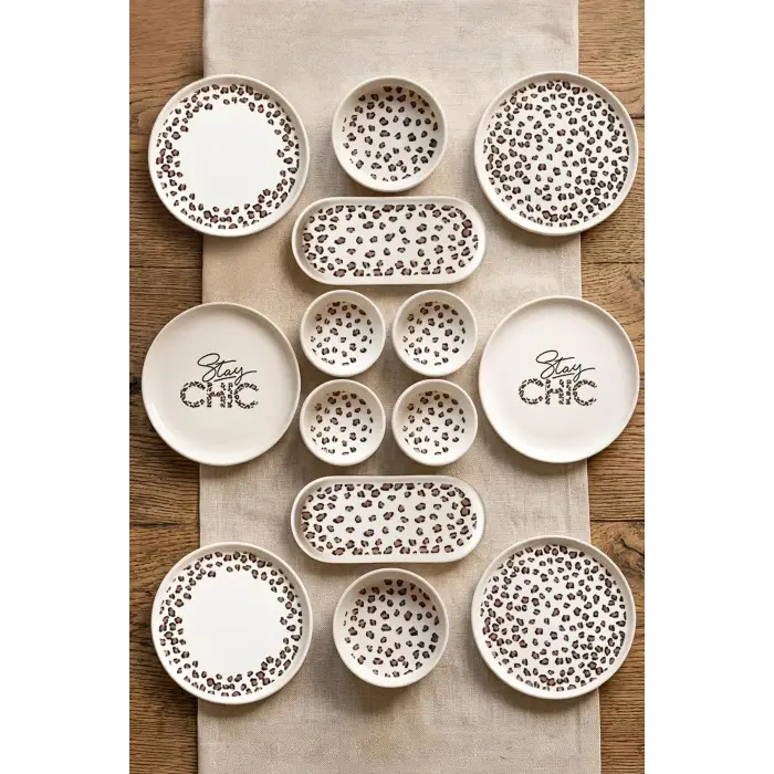 14 Parça 6 Kişilik Stackable Leopar Kahvaltı Seti