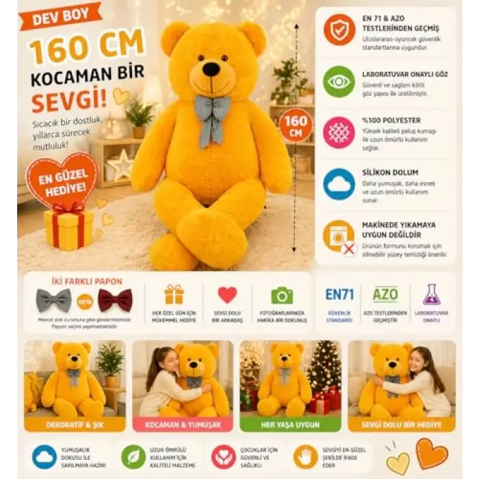160 cm Dev Papyonlu Pelüş Ayı Oyuncak (Sarı)