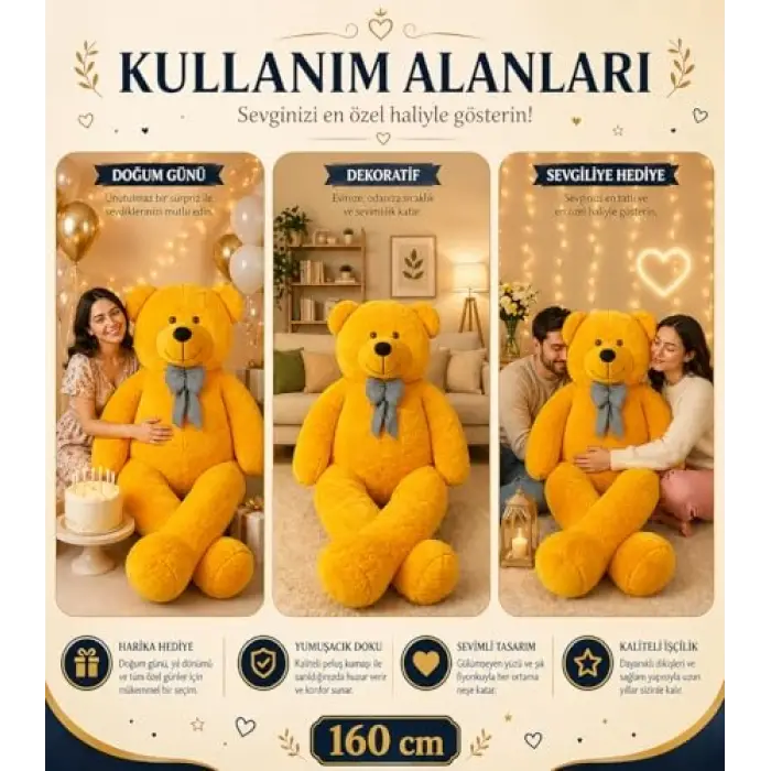 160 cm Dev Papyonlu Pelüş Ayı Oyuncak (Sarı)