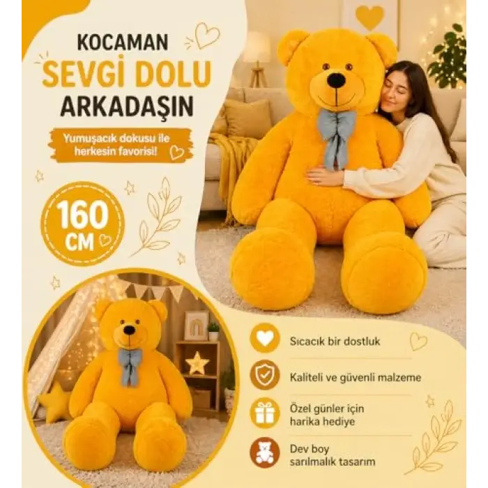 160 cm Dev Papyonlu Pelüş Ayı Oyuncak (Sarı)