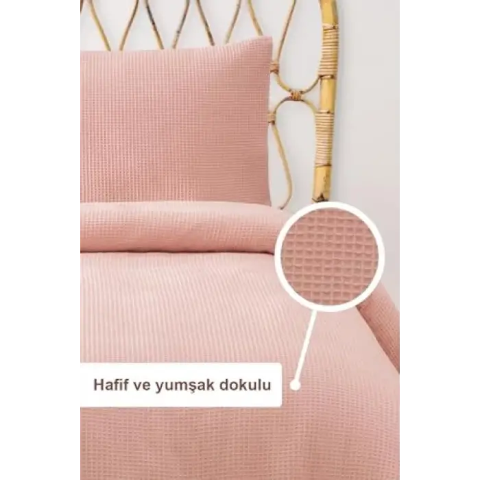 160x220 Cm Pudra Waffle Tek Kişilik Pike Seti