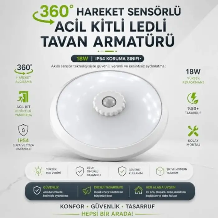 18W Beyaz LED Tavan Lambası, 360 Derece Hareket Sensörü ve Acil Kit
