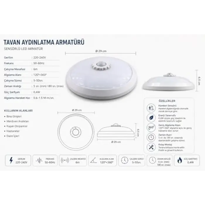 18W Beyaz LED Tavan Lambası, 360 Derece Hareket Sensörü ve Acil Kit