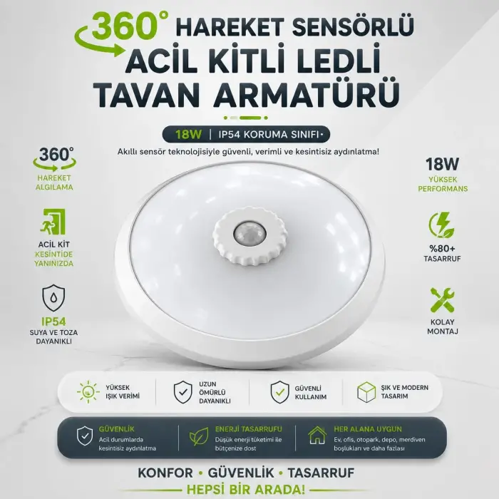 18W Beyaz LED Tavan Lambası, 360 Derece Hareket Sensörü ve Acil Kit