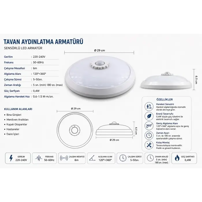 18W Beyaz LED Tavan Lambası, 360 Derece Hareket Sensörü ve Acil Kit