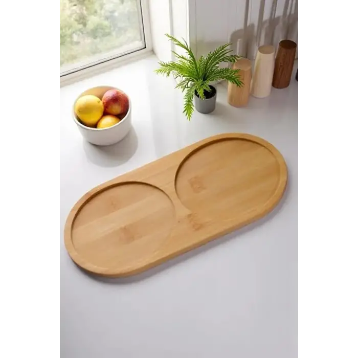 2 Bölmeli Oval Doğal Bambu Sunum Tabağı 23x12 cm