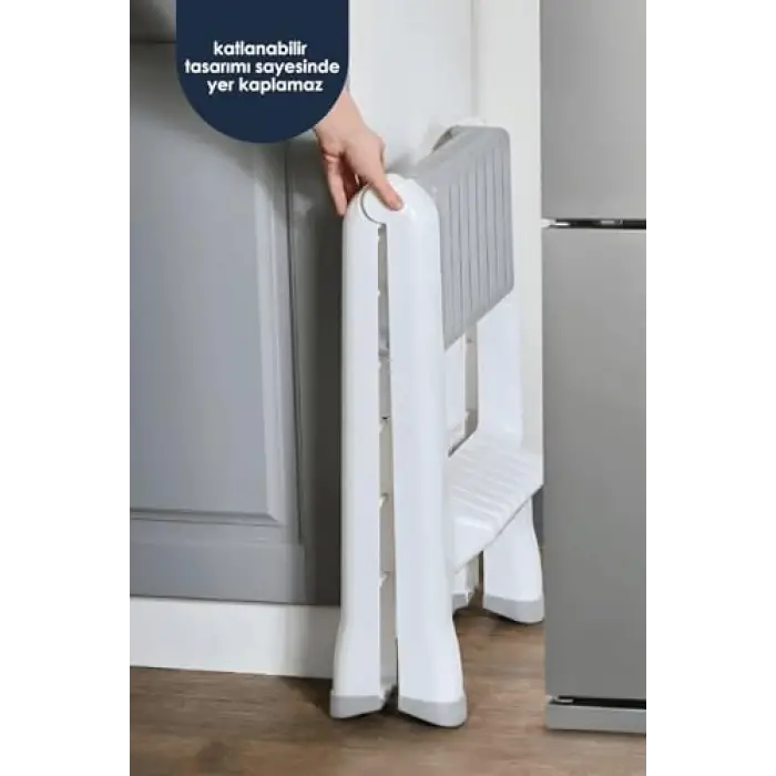 2 Katlı Katlanır Merdiven Tabure, Kaydırmaz Tabanlı, 200 kg Kapasiteli (BEYAZ)
