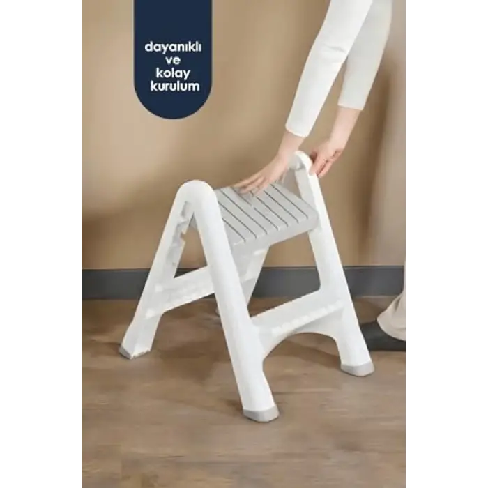 2 Katlı Katlanır Merdiven Tabure, Kaydırmaz Tabanlı, 200 kg Kapasiteli (BEYAZ)