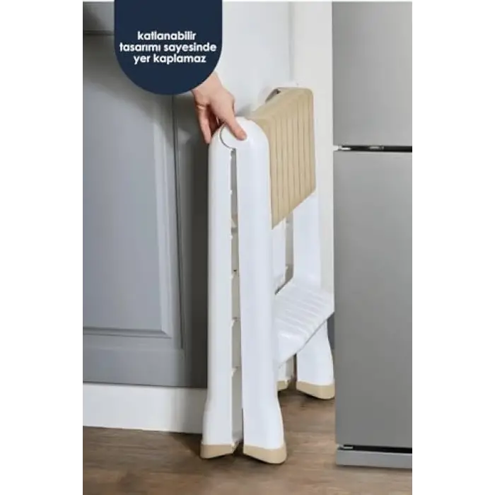 2 Katlı Katlanır Merdiven Tabure, Kaydırmaz Tabanlı, 200 kg Kapasiteli (KREM)
