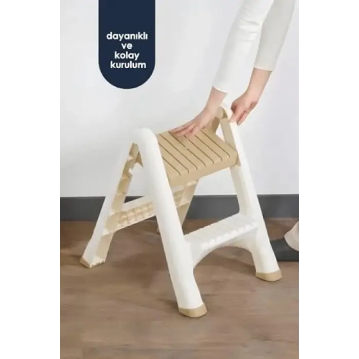 2 Katlı Katlanır Merdiven Tabure, Kaydırmaz Tabanlı, 200 kg Kapasiteli (KREM)
