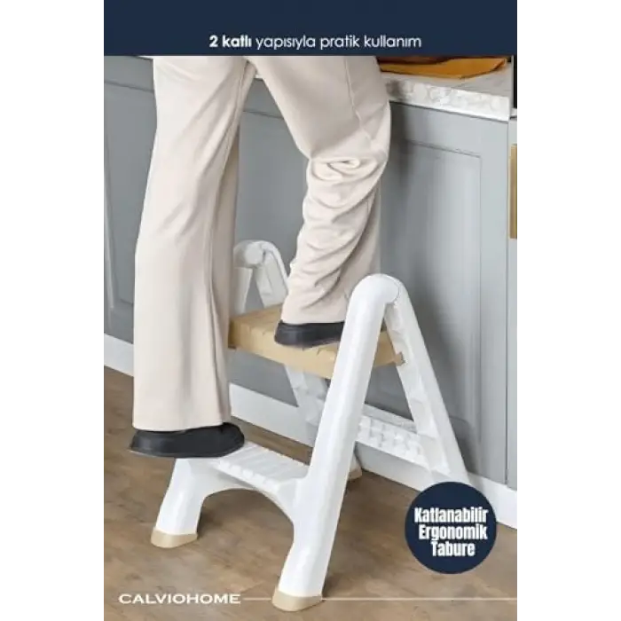 2 Katlı Katlanır Merdiven Tabure, Kaydırmaz Tabanlı, 200 kg Kapasiteli (KREM)