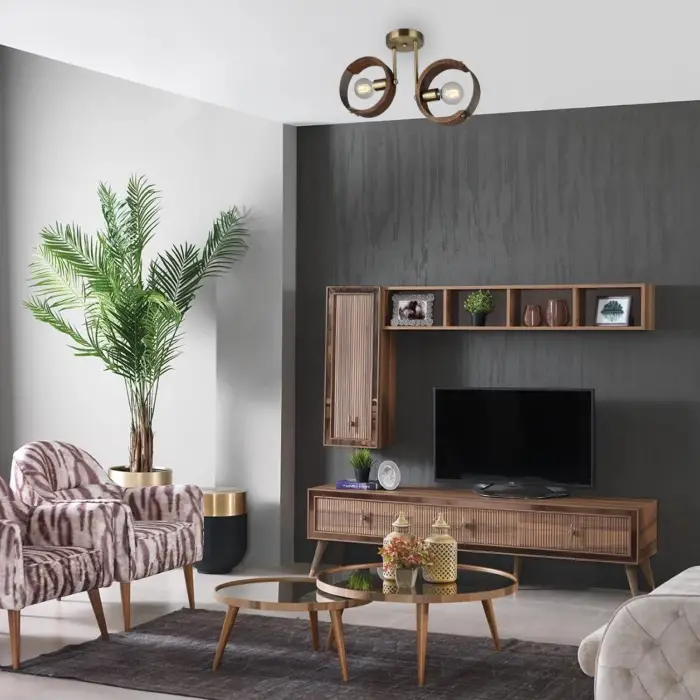 2li Ahşaplı Eskitme Plafonyer, 2 X E27