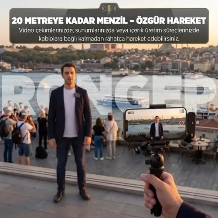 2li Kablosuz Yaka Mikrofonu, iPhone ve Android Telefonlar, Type-C Girişli PCler için, Type-C/Lightning Giriş, 8-10 Saat Pil Ömrü, 20 Metreye Kadar Menzil, Siyah