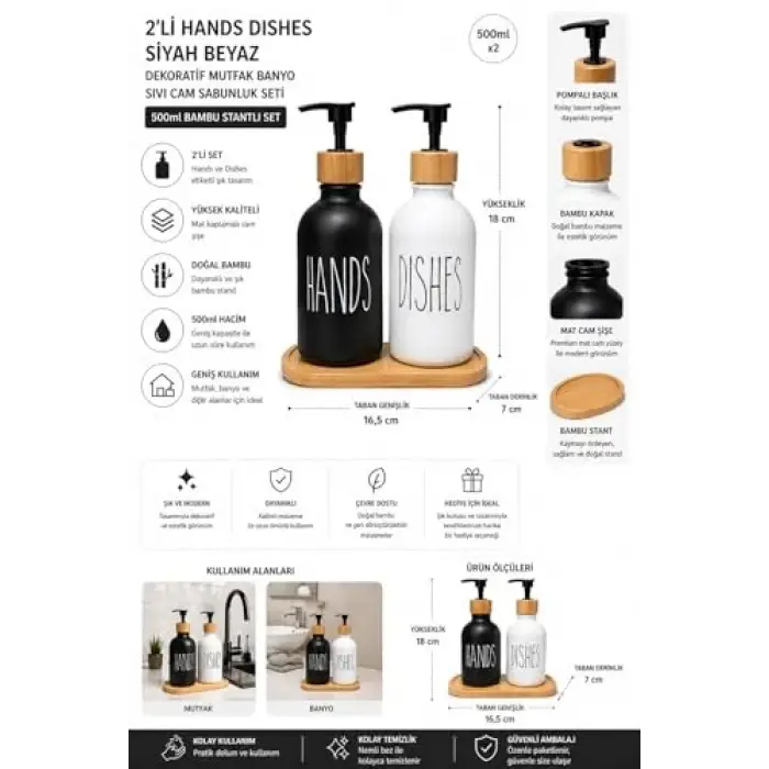 2li Siyah Beyaz Cam Sabunluk Seti, 500 ml, Bambu Standlı