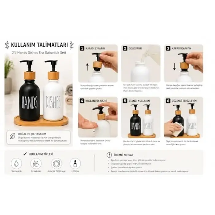 2li Siyah Beyaz Cam Sabunluk Seti, 500 ml, Bambu Standlı