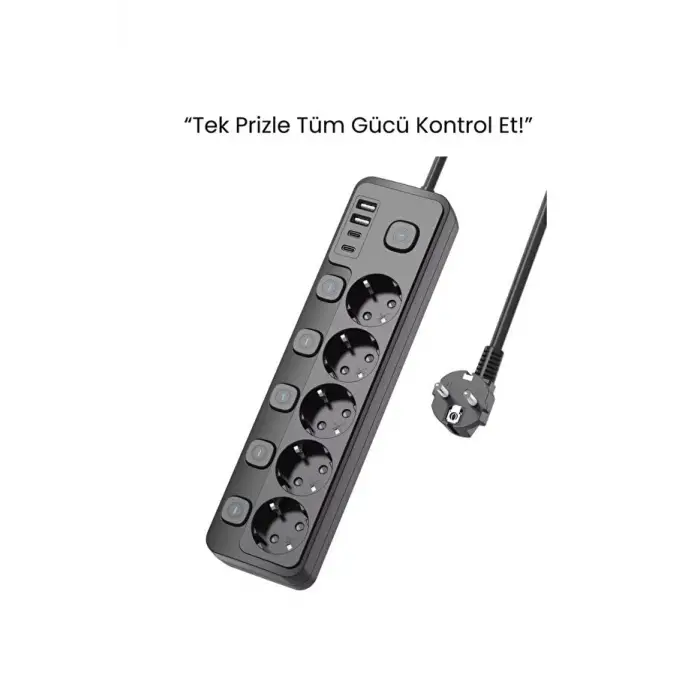 2 metre akım korumalı uzatma kablosu; 5 priz, 4 USB ve 2 Type-C