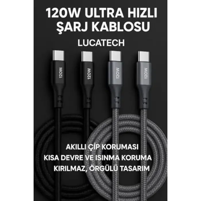2 Metre Ultra Hızlı PD Type-C Şarj Kablosu, Gri