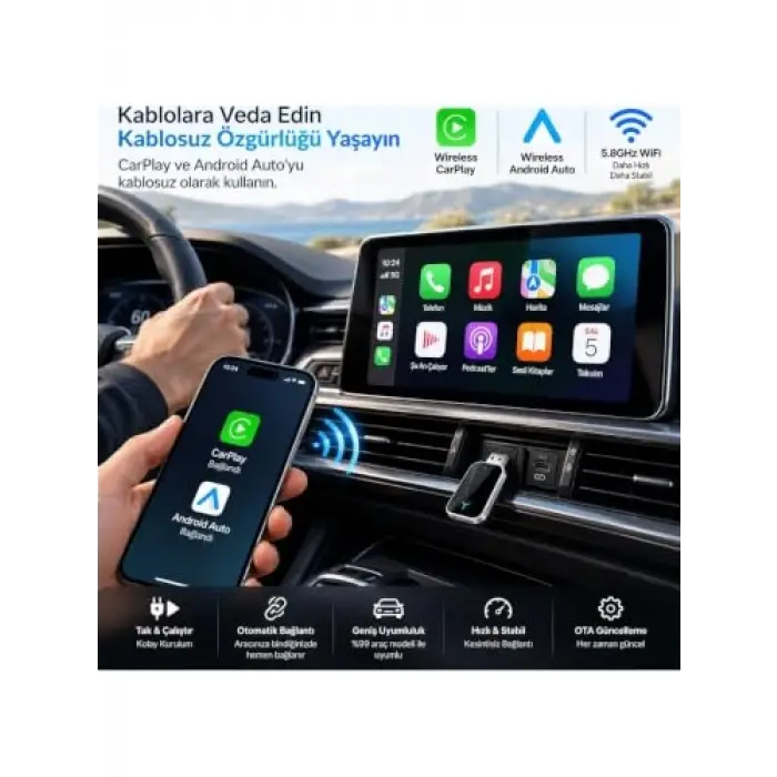 2si 1 Arada Kablosuz CarPlay Android Auto Adaptörü, USB Type-C Dönüştürücü