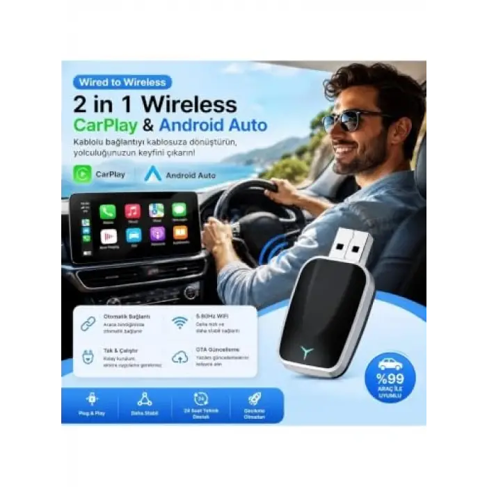 2si 1 Arada Kablosuz CarPlay Android Auto Adaptörü, USB Type-C Dönüştürücü
