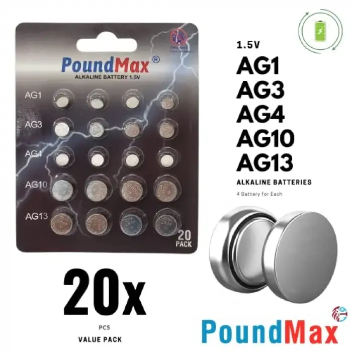 20 adet AG1,AG3,AG4,AG10,AG13 alkalin karışık pil