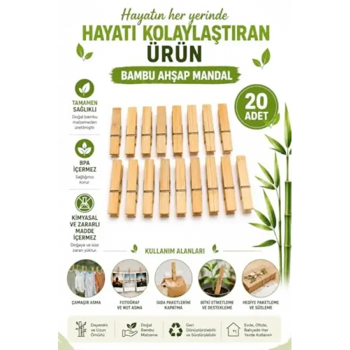 20 Adet Bambu Ahşap Çamaşır Mandalı, Bpa İçermez