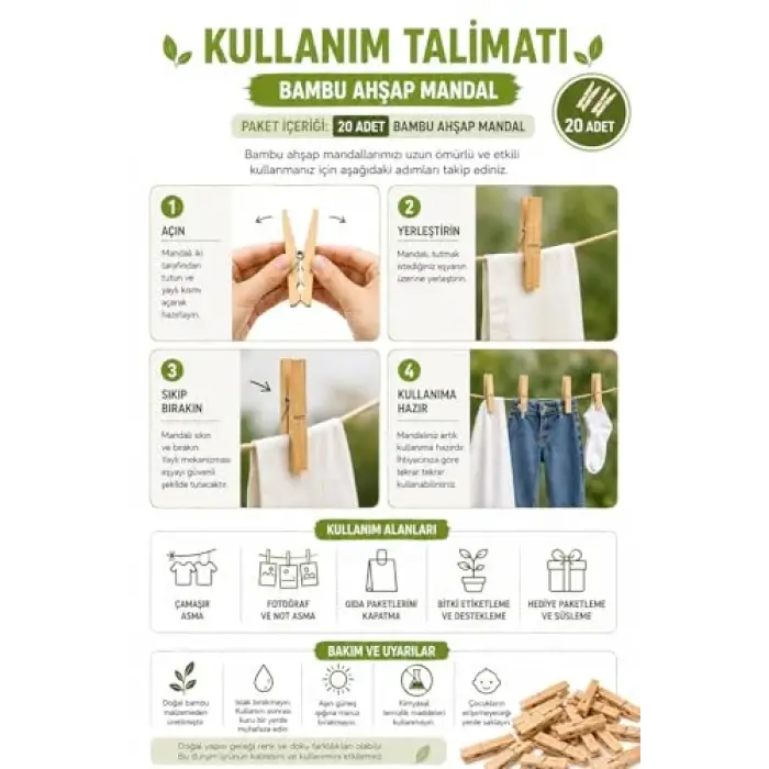 20 Adet Bambu Ahşap Çamaşır Mandalı, Bpa İçermez