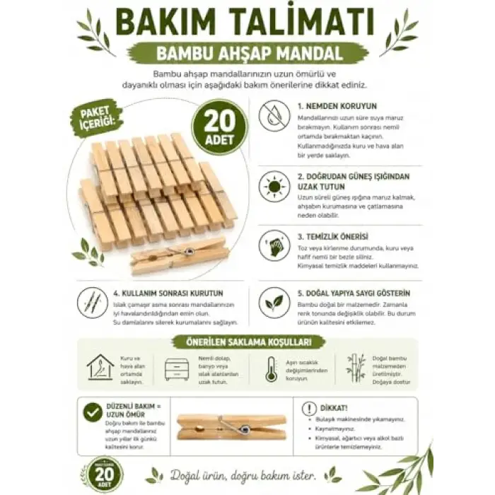 20 Adet Bambu Ahşap Çamaşır Mandalı, Bpa İçermez