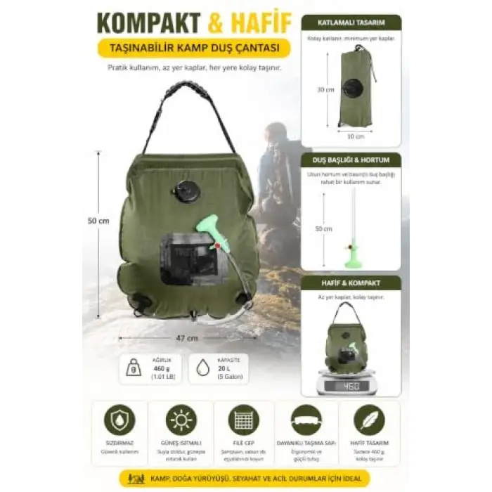 20 L Termometreli Taşınabilir Kamp Duş Torbası, Duş Başlıklı, File Çantalı