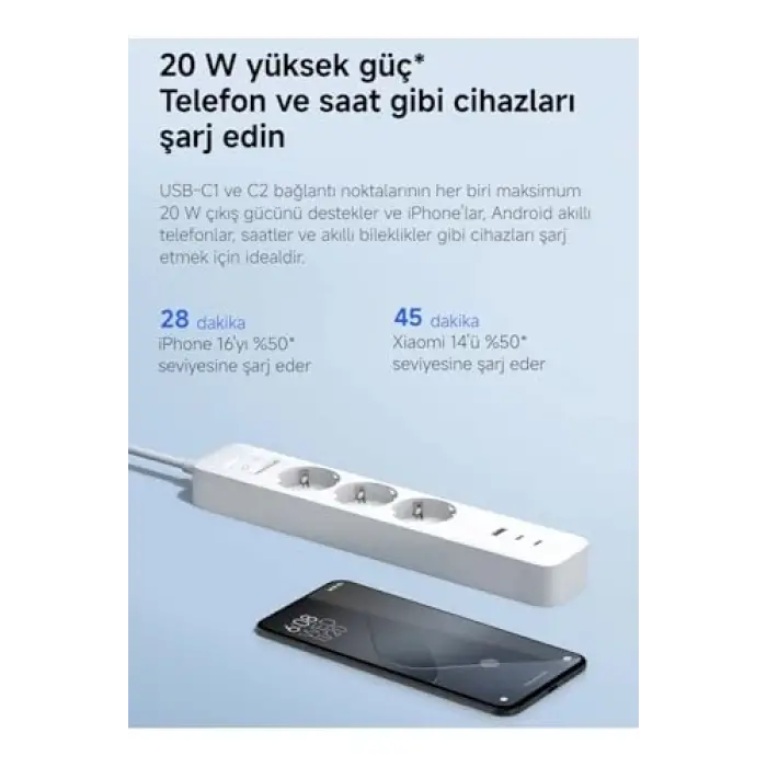 20W Power Strip 3lü Priz - 2× USB-C + 1× USB-A Hızlı Şarj